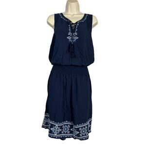 J Jill Halter Dress Navy Blue Embroidered Trim Keyhole Sleeveless Spring - M